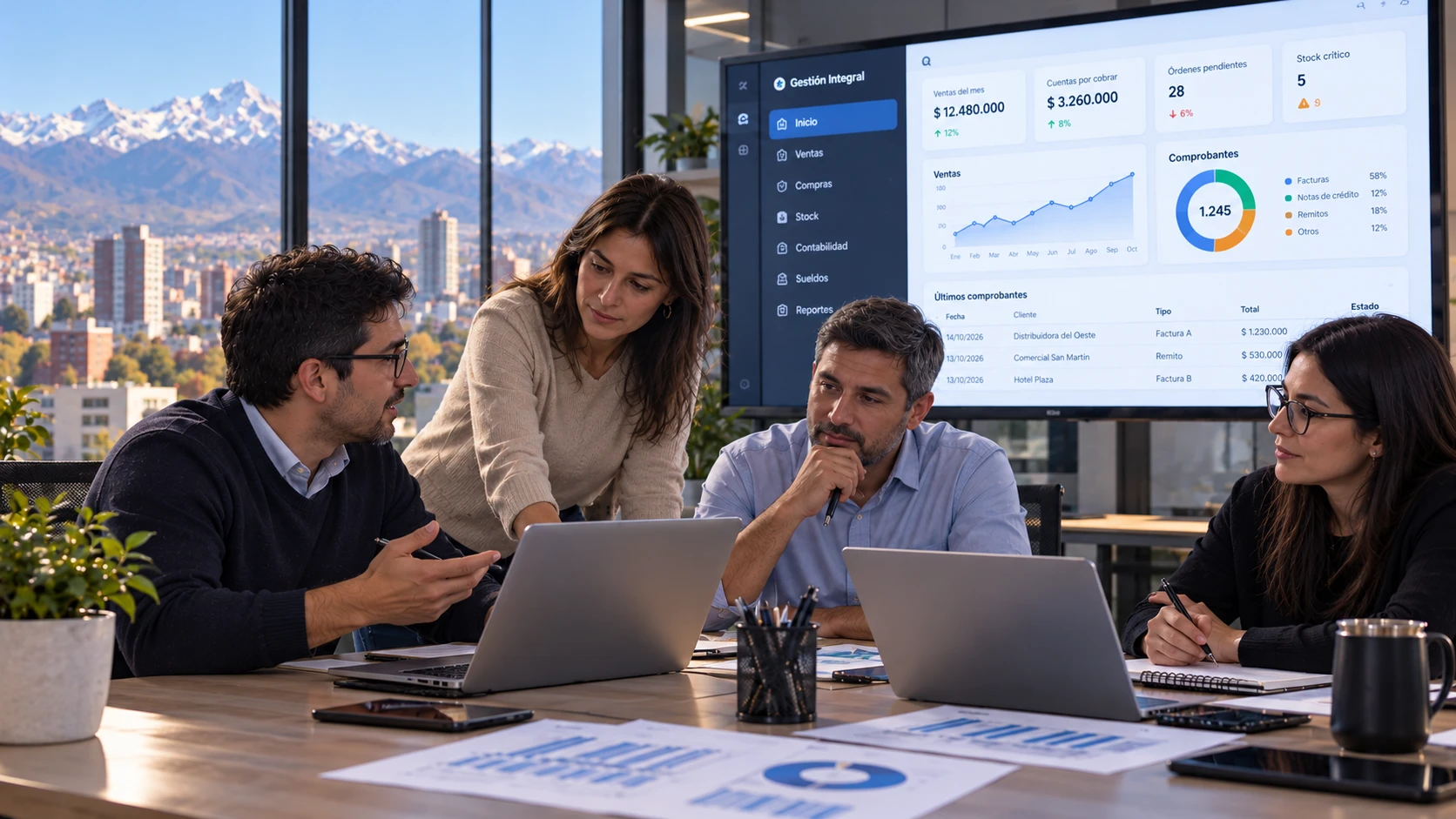 Equipo de trabajo en una reunión, frente a una pantalla con el tablero de gestión integral de Señales