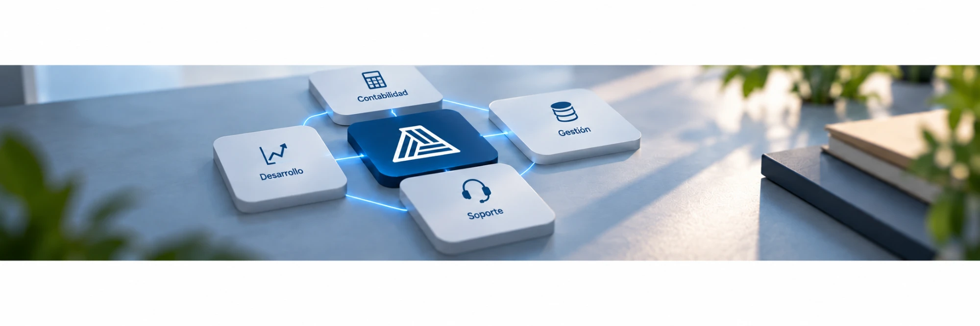 Las áreas del equipo conectadas al logo de Señales: desarrollo, contabilidad, gestión y soporte