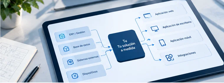 Diagrama de una solución a medida que integra ERP, bases de datos, sistemas externos y dispositivos con aplicaciones web, de escritorio, móviles e integraciones