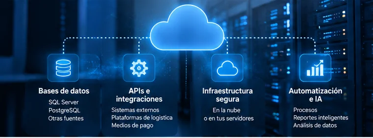 Infraestructura en la nube conectada con bases de datos, APIs e integraciones, infraestructura segura y automatización con IA